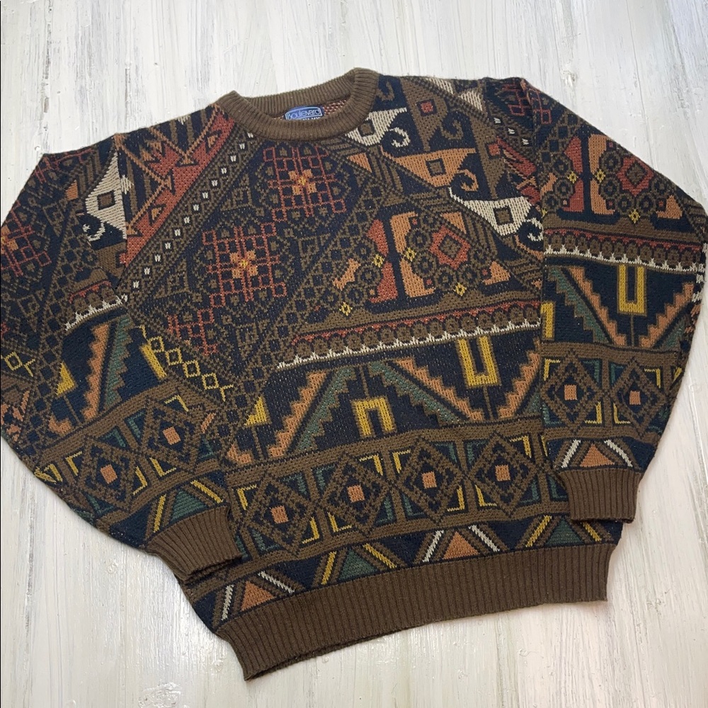 Vintage 90s Boulevard Geometric Earth-Tone Crewneck Sweater Sz L